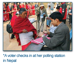 A voter checks in at her polling station in Nepal